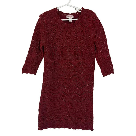 Cat & Jack Dark Red Knit Sweater Dress Metallic Holiday Medium 7/8 Crochet Kids - Picture 1 of 7